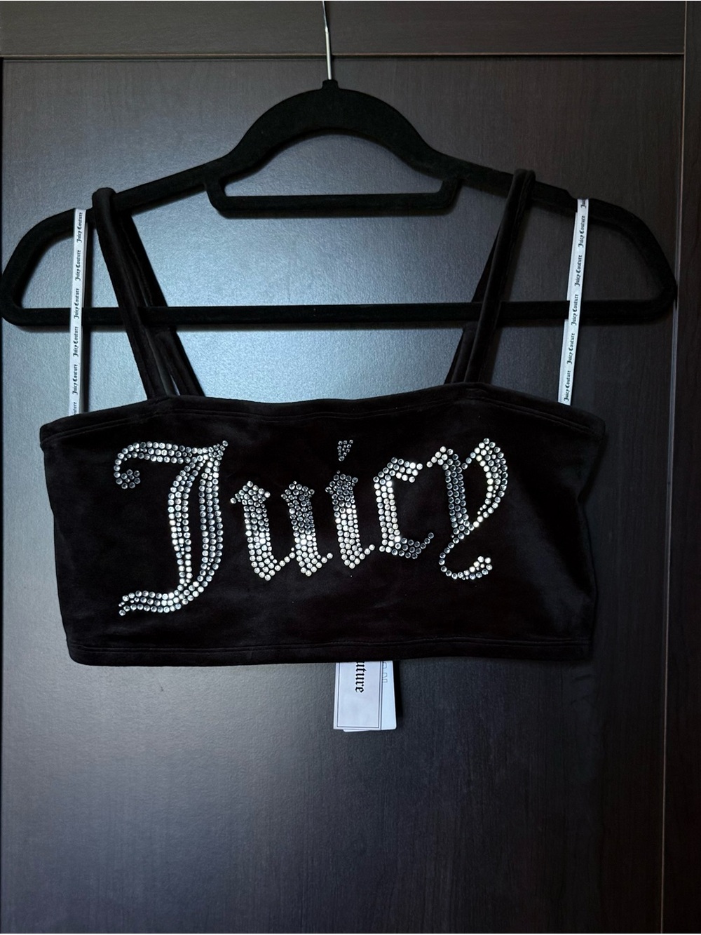 Juicy Couture Black Velvet Crystal Logo Crop Top with White Strap Accents